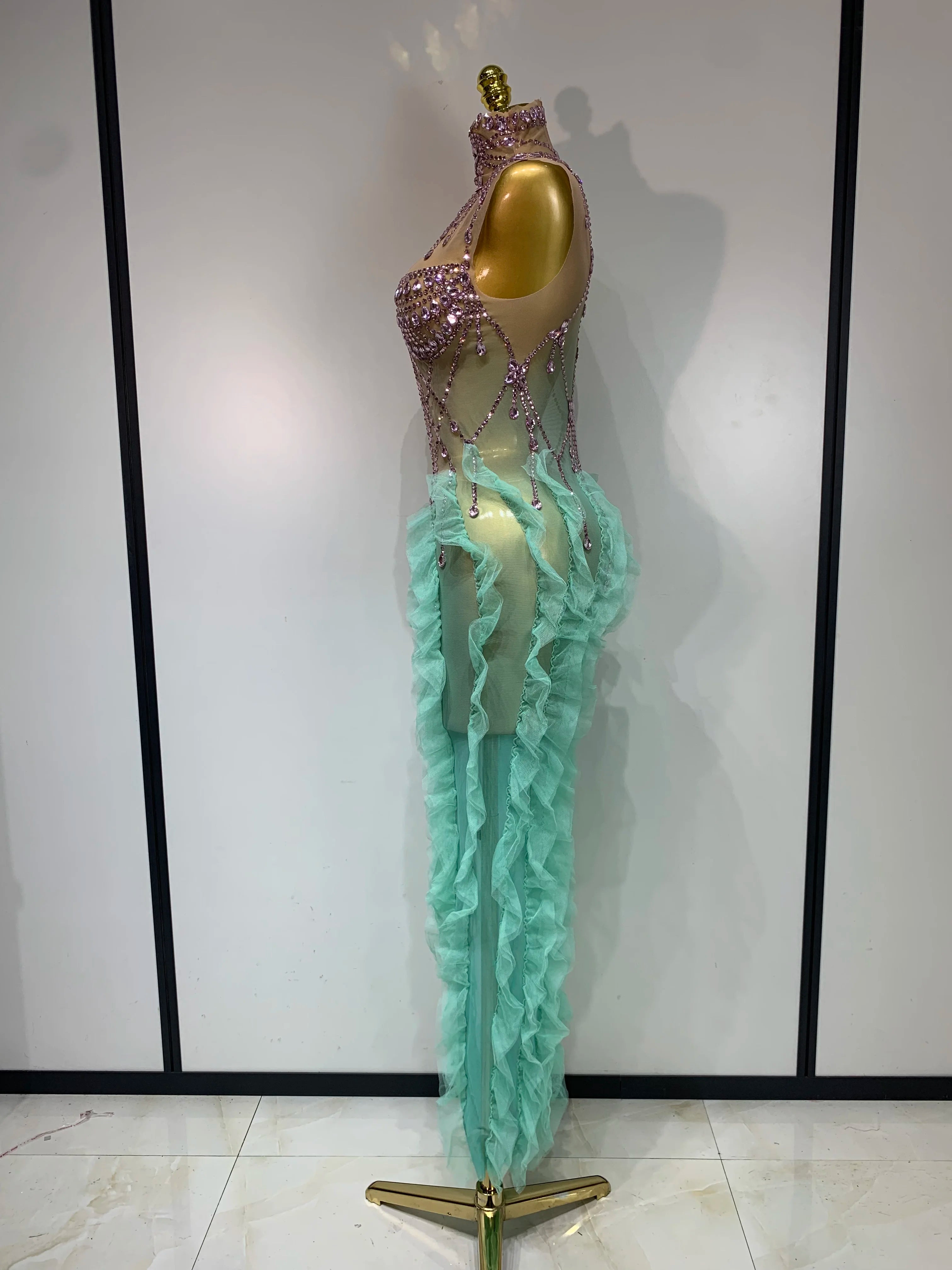 Mint Green Ombré Rhinestone Illusion Gown Tiered Ruffle Hem Maxi Stage Dress