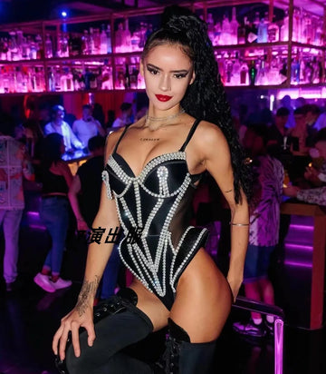 Luxury Rhinestone Performance Bodysuit – Premium Crystal Stage Costume for GoGo Dancers, Circus Performers & Festival Rave Outfits