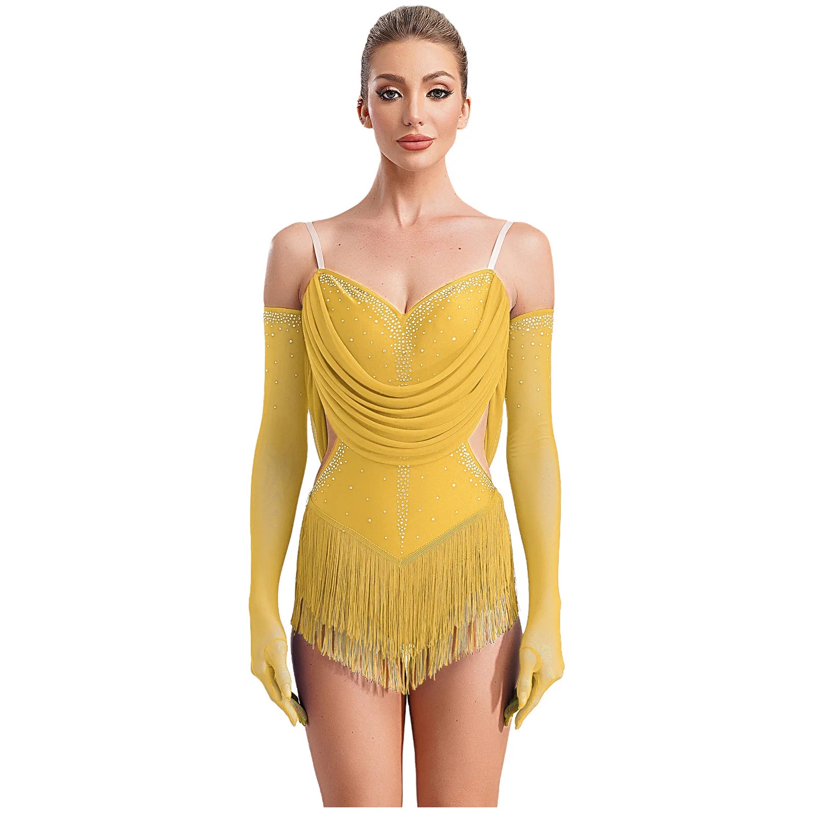 Sparkly Rhinestone & Tassel Fringe Dance Leotard with Gloves Two-Piece Stage Costume