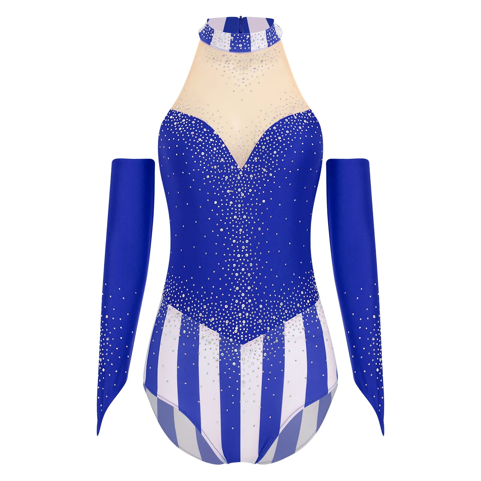 Circus Ringmaster Rhinestone Striped Leotard & Fingerless Gloves Costume Set