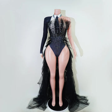 Black Rhinestone One-Shoulder Bodysuit & Trailing Tulle Train Stage Costume Set