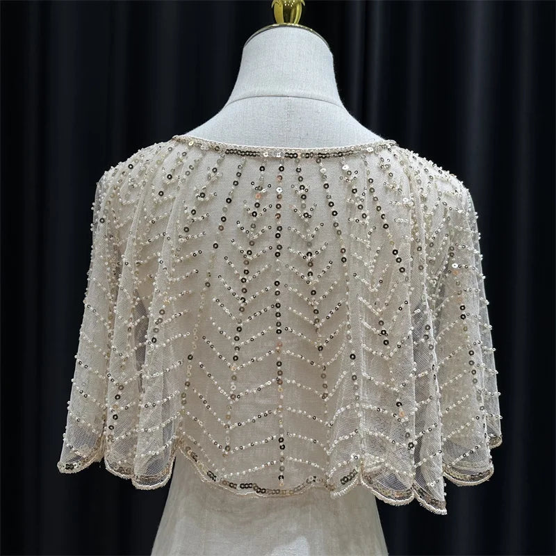 Sparkly Sequin & Beaded Leaf Mesh Capelet Evening Shawl Bolero Jacket