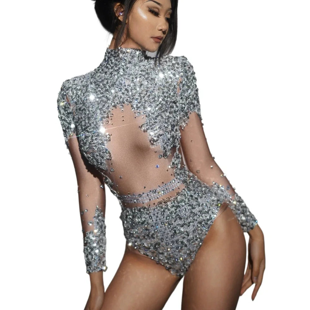 Sparkly Rhinestone & Sequin Stretchy Leotard Stage Performance Costume