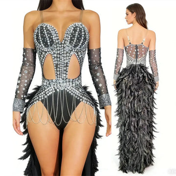 Rhinestone Chain Bodysuit with Detachable Feather Train & Sleeves 3-Piece Stage Costume Set