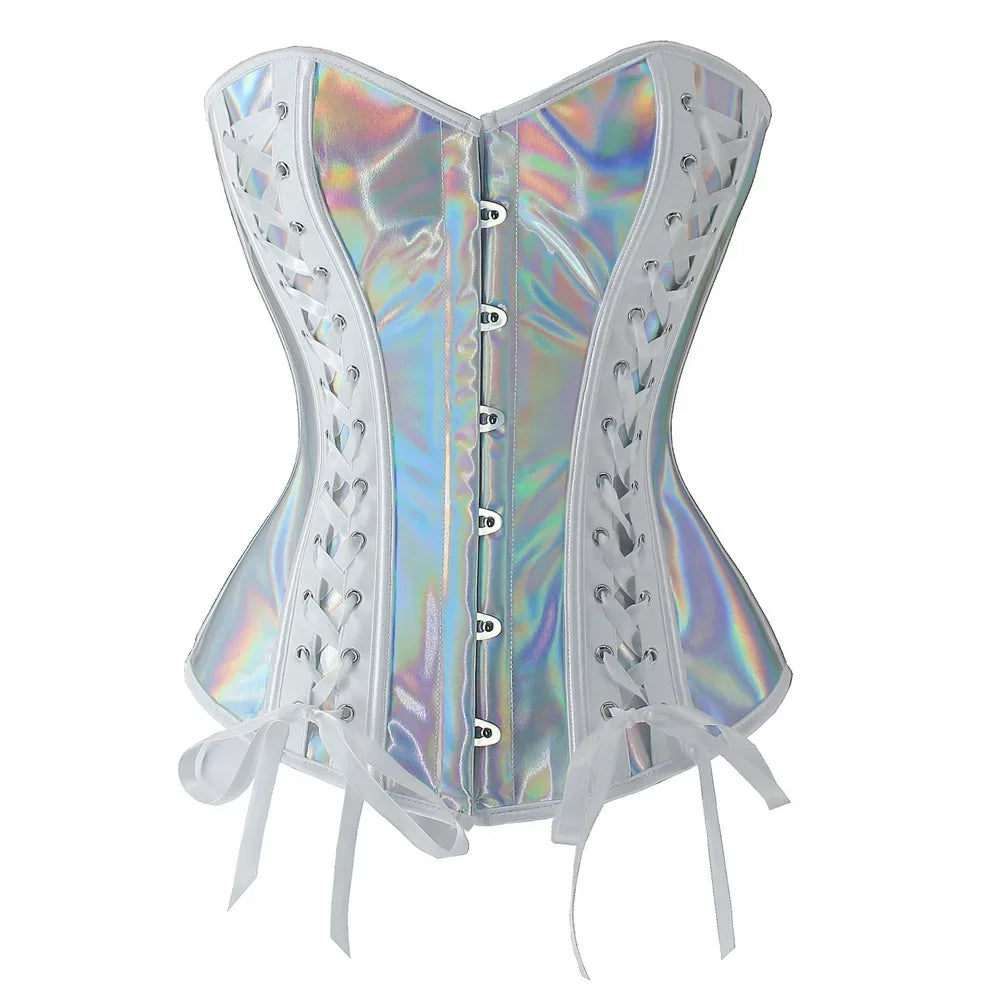 Steampunk Metallic Silver PU Leather Overbust Corset Lace-Up Bustier Top