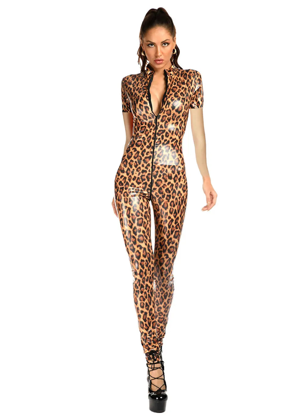 Leopard Print Open Crotch Wet-Look Faux Leather Jumpsuit Stage Cat-Suit Costume