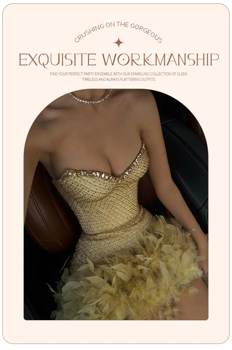 Gold Feather Trim Strapless Mini Dress