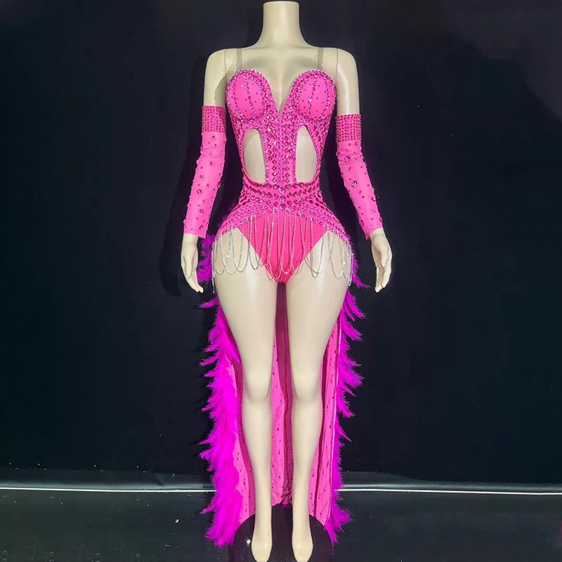 The Stardust Showgirl Finale – Rhinestone Bodysuit & Feather Train Costume