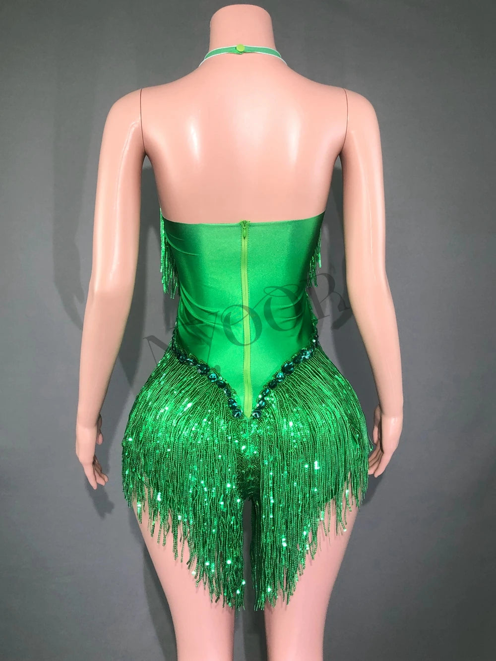 Sparkly Emerald Green Rhinestone Sequin Fringe Bodysuit Backless Stage Leotard