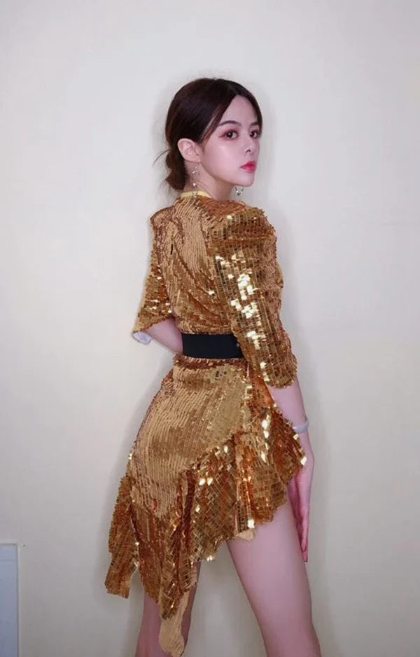 Sequined Shoulder Pad Tuxedo Leotard & Stage Performance Costume