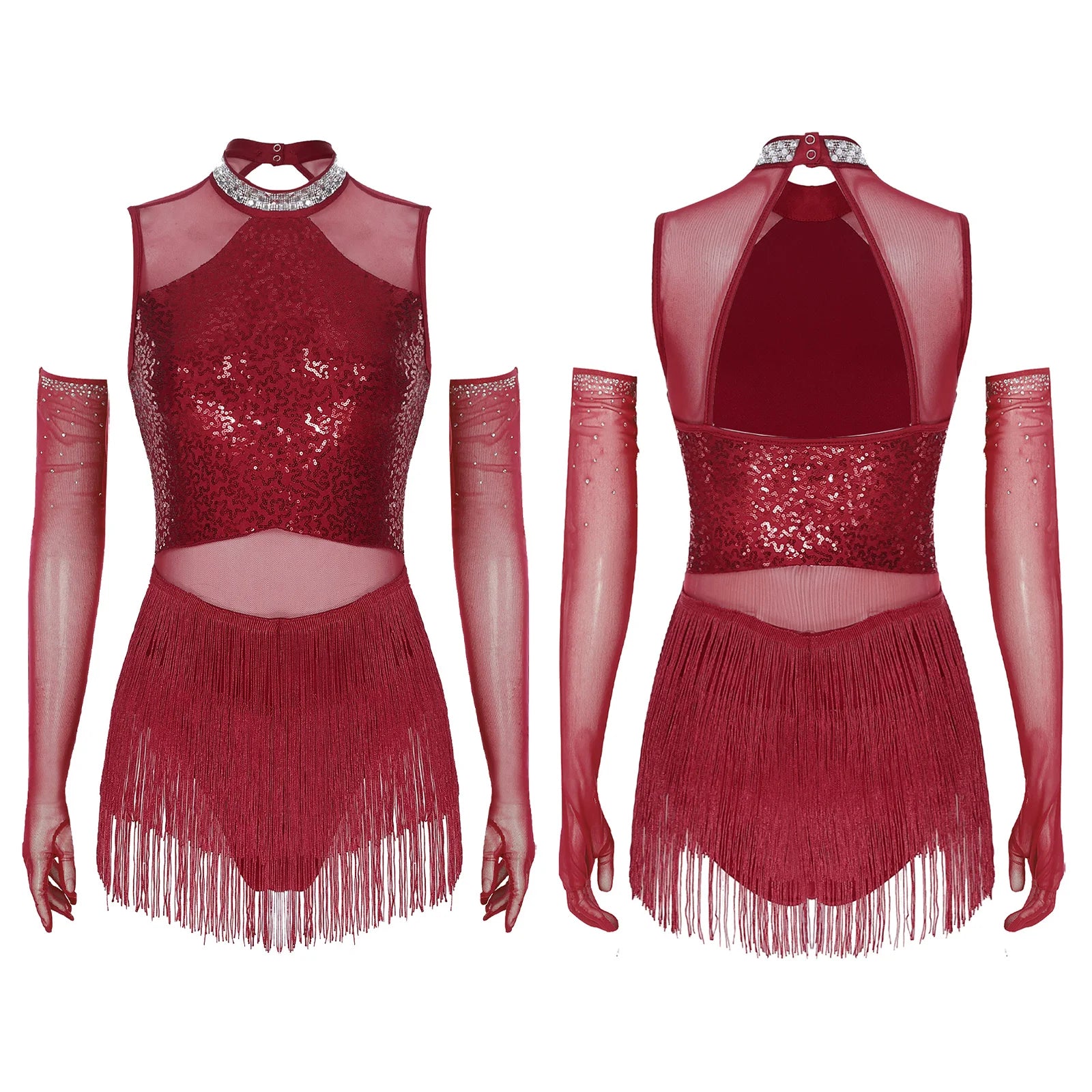 Sparkly Sequin & Fringe Dance Dress with Gloves Latin Stage Performance Costume