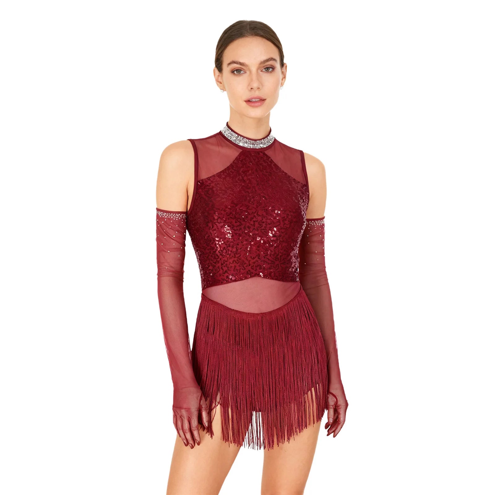 Sparkly Sequin & Fringe Dance Dress with Gloves Latin Stage Performance Costume
