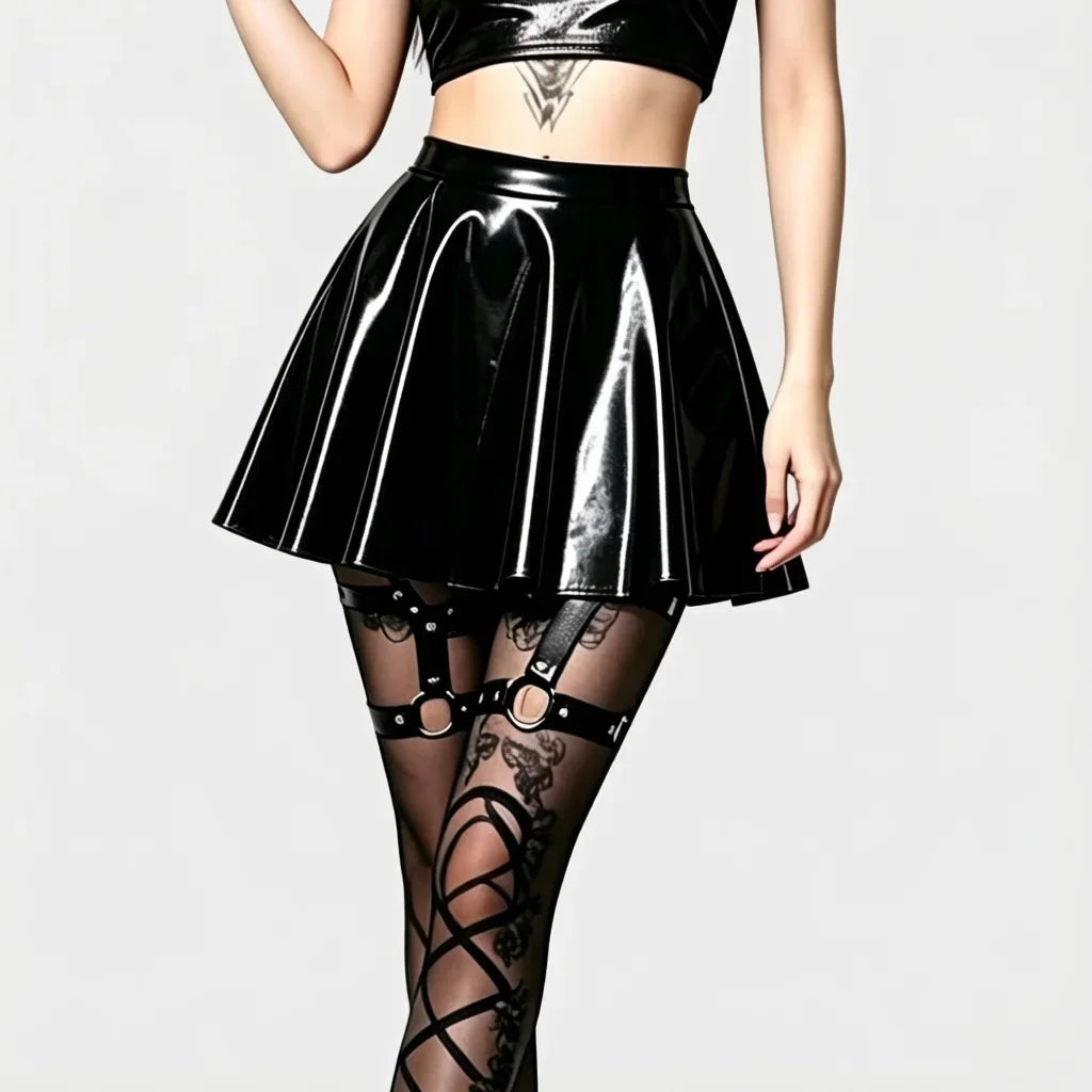 Fashion Women Gothic Style PU Skirt One Pieces Skirts PVC Shiny Flared Pleated  Mini A Line Skirts Street Maid Ruffled Skirt