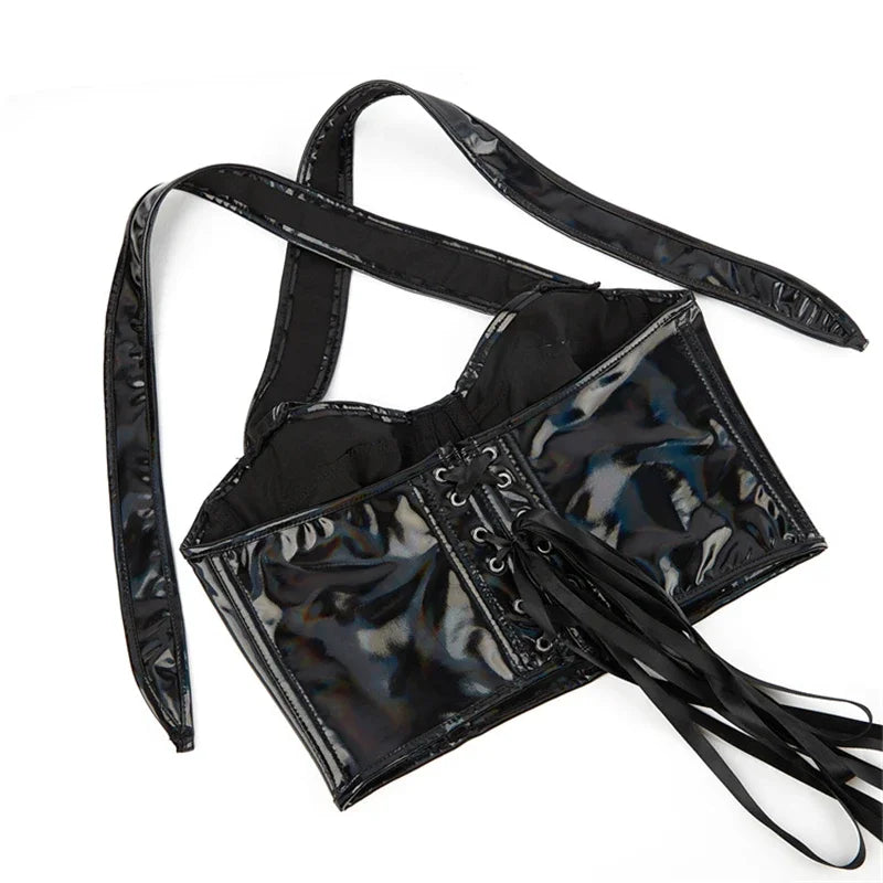 Black Shiny PU Leather Halter Corset Crop Top Push-Up Bustier Gothic Bra