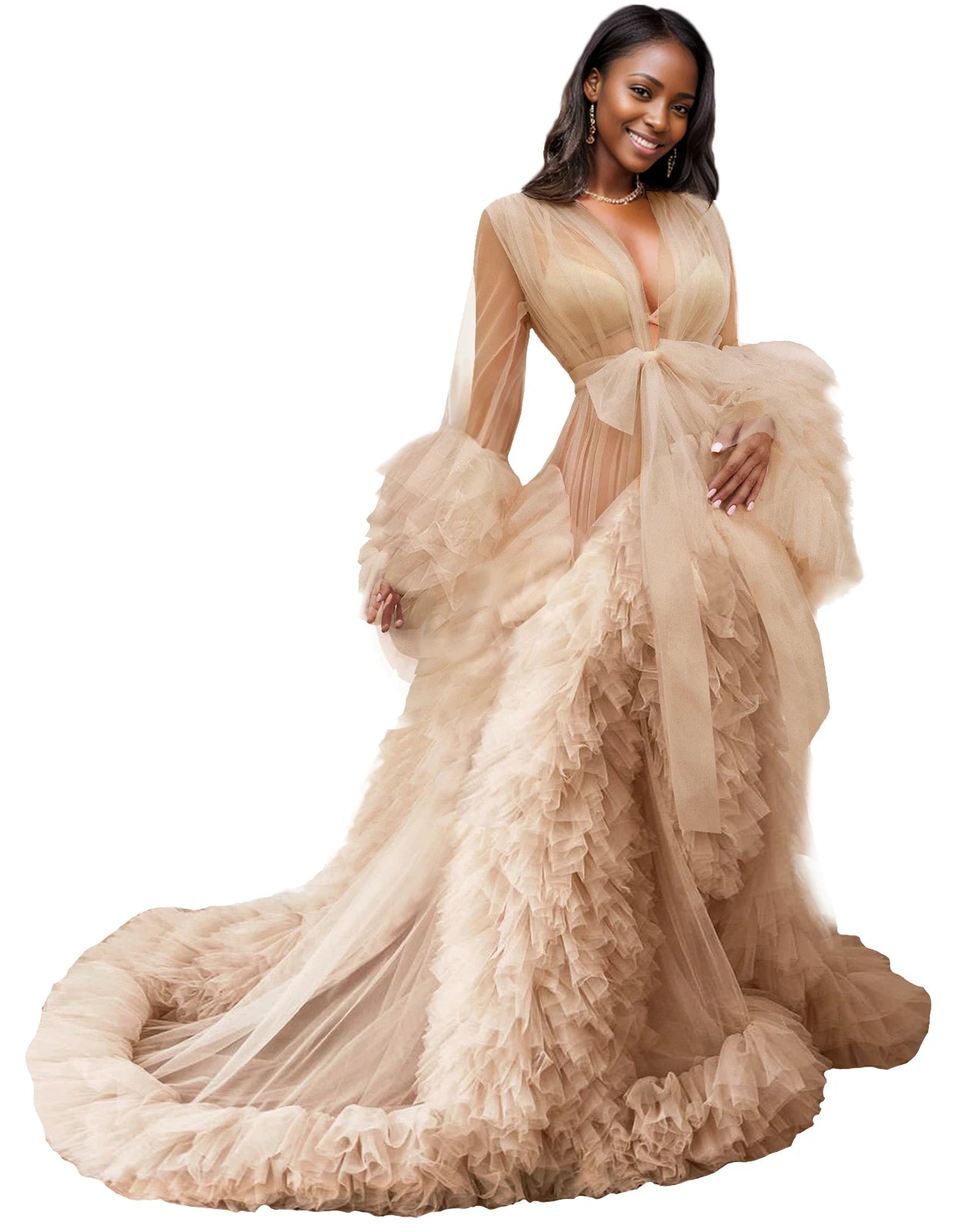 Voluminous Illusion Tulle Ruffle Long Robe Dressing Gown