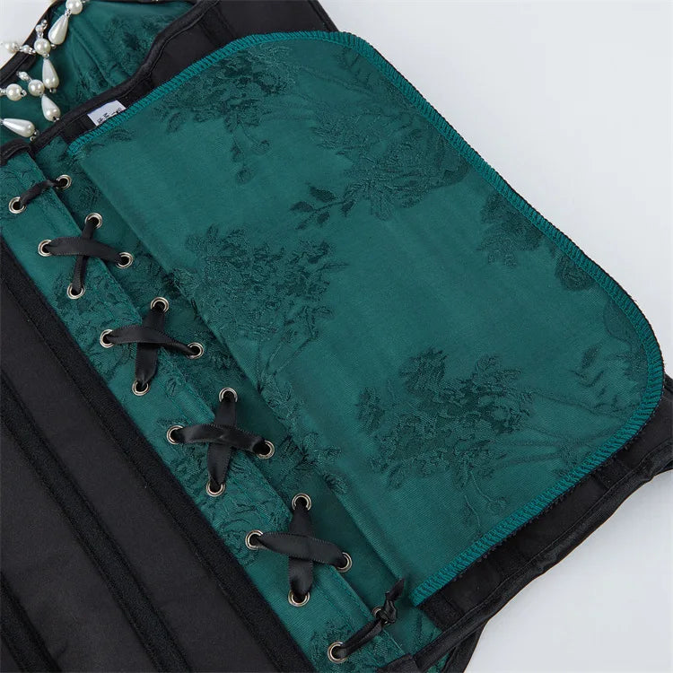 Green Floral Jacquard Overbust Corset Pearl Tassel Trim Bustier Top