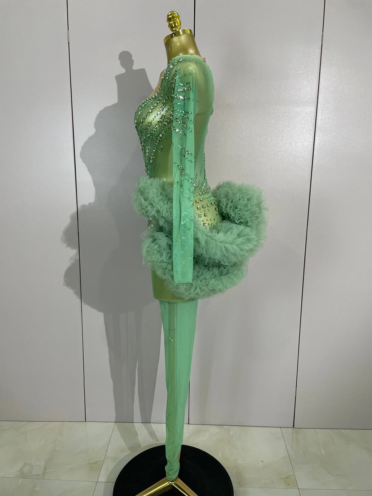 Green Rhinestone Mesh Performance Jumpsuit