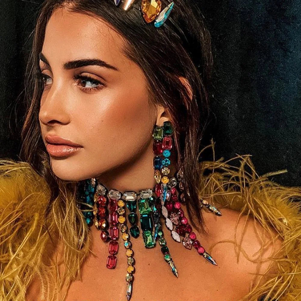 Oversized Colorful Crystal Square Rhinestone Tassel Choker Drag Queen Stage Necklace