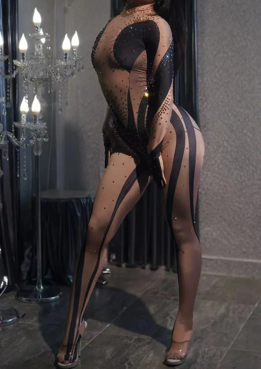 Sparkly Rhinestone Cutout Catsuit Jumpsuit with Matching Gloves Stage Dancewear