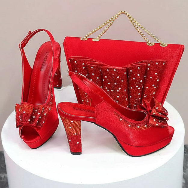 Rhinestone High Heel Peep Toe Slingbacks with Matching Bag Set