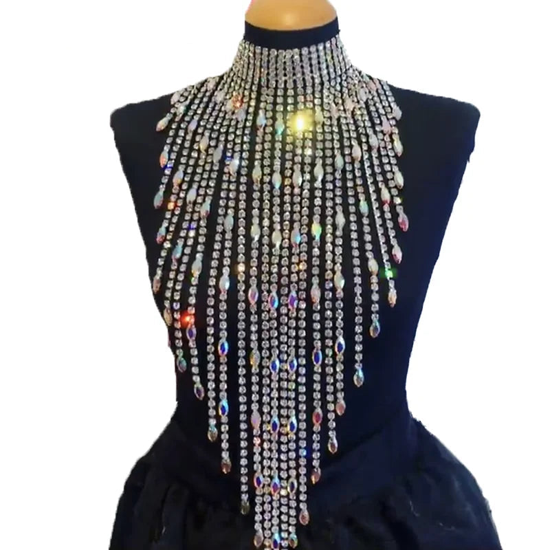 Oversized Crystal Rhinestone Tassel Choker Necklace Drag Queen Stage Body Jewelry