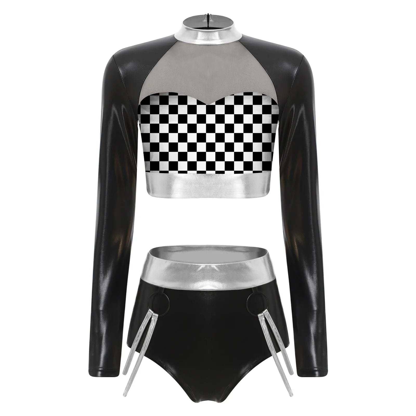 Fishnet Mesh & Metallic 2-Piece Bodysuit & Shorts Rave Costume Set