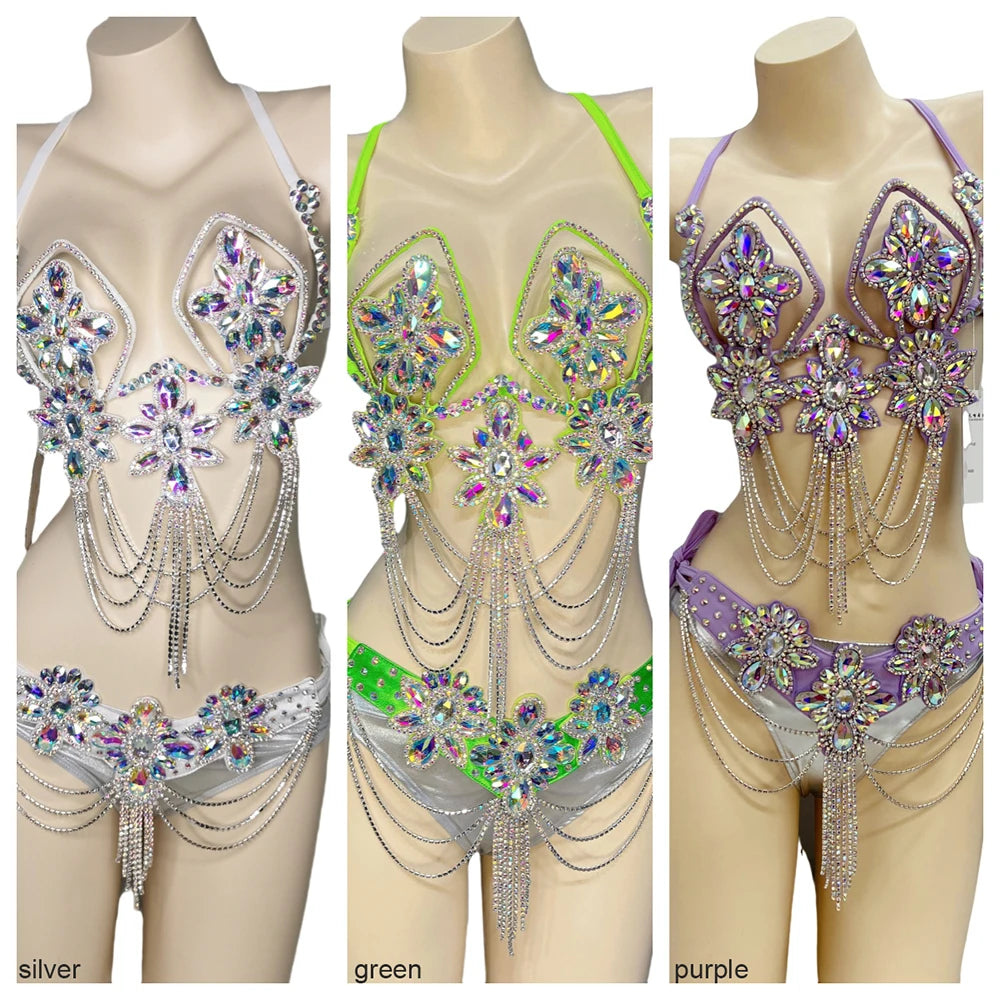 Handmade Samba Carnival Crystal Wire Bra, Panty & Belt 3-Piece Costume Set