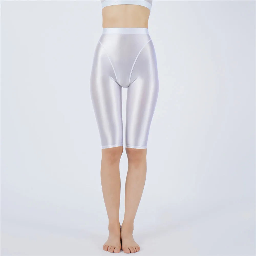 Oil Glossy High-Stretch Knee-Length Shorts Satin Shine Performance Biker Shorts