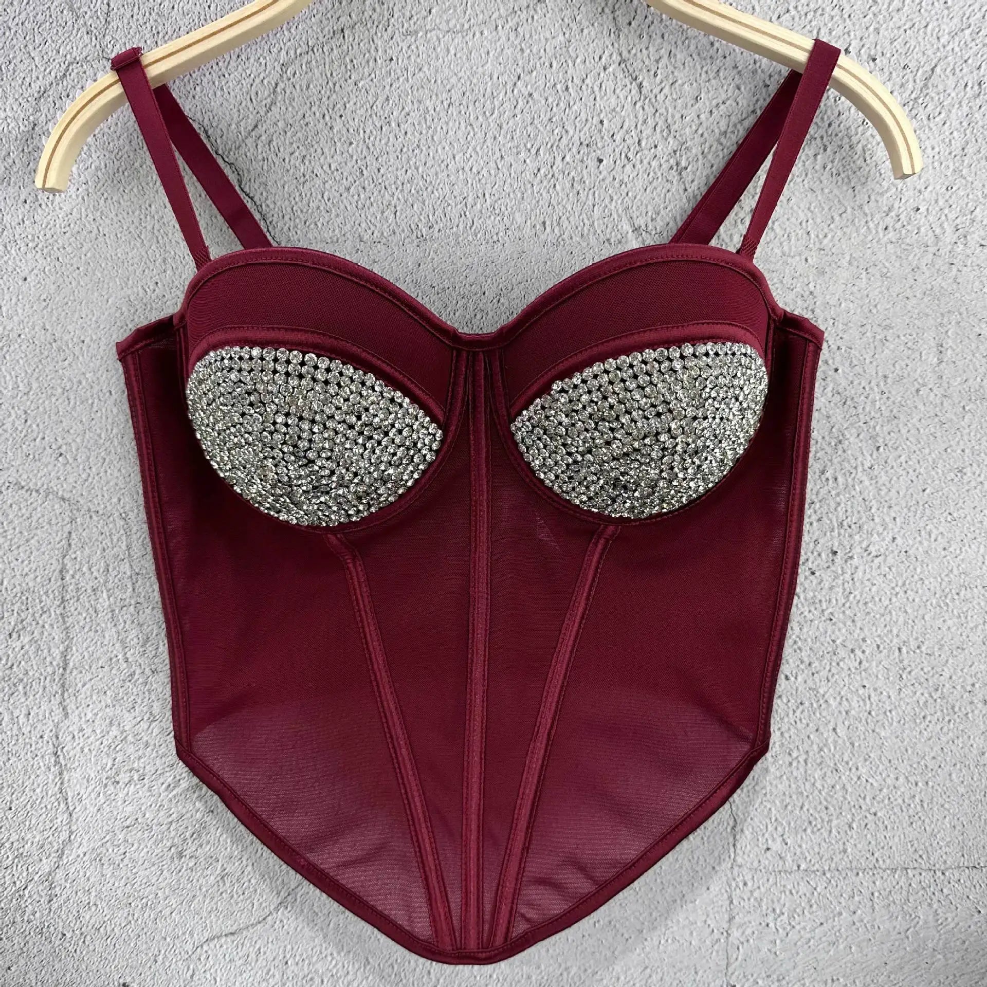 Rhinestone Mesh Denim Bustier Corset Crop Top Push-Up Party Bralette