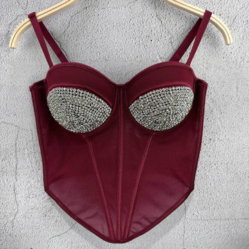 Rhinestone Mesh Denim Bustier Corset Crop Top Push-Up Party Bralette