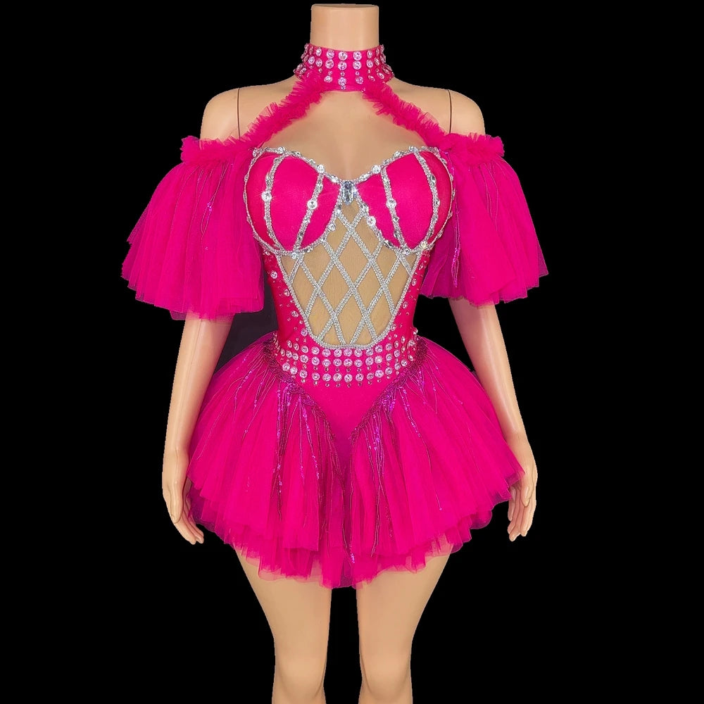 Sparkly Sequin Tassel Puff Sleeve Mesh Bodysuit Showgirl Stage Dance Leotard