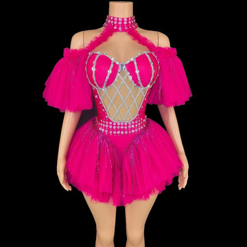 Sparkly Sequin Tassel Puff Sleeve Mesh Bodysuit Showgirl Stage Dance Leotard