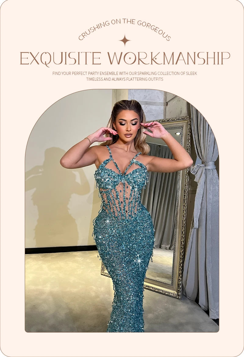 Cyan Sequin & Crystal Cross-Strap Gown