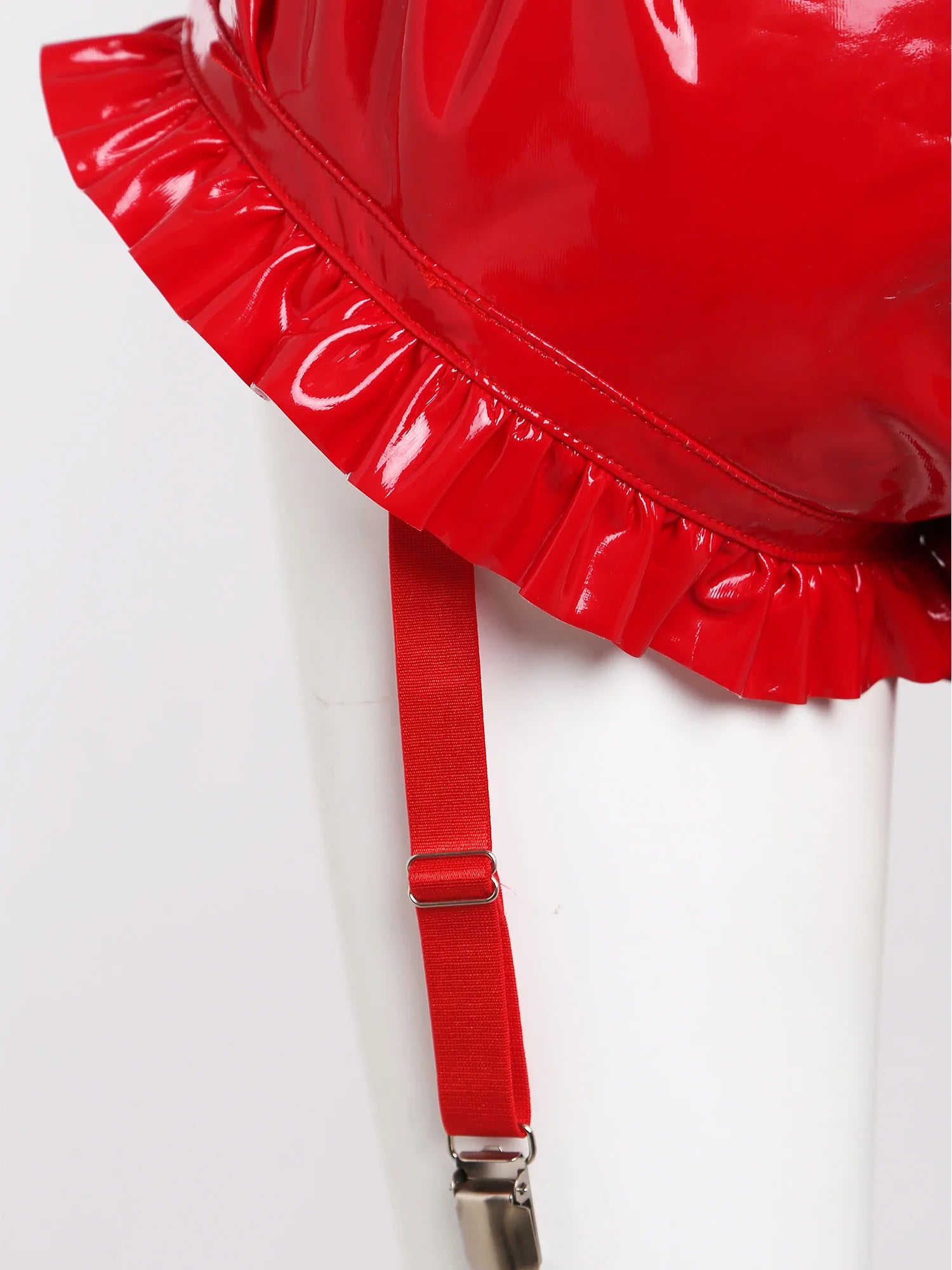 Wet-Look PU Leather Ruffled Bloomer Shorts Attached Garter Clips Briefs