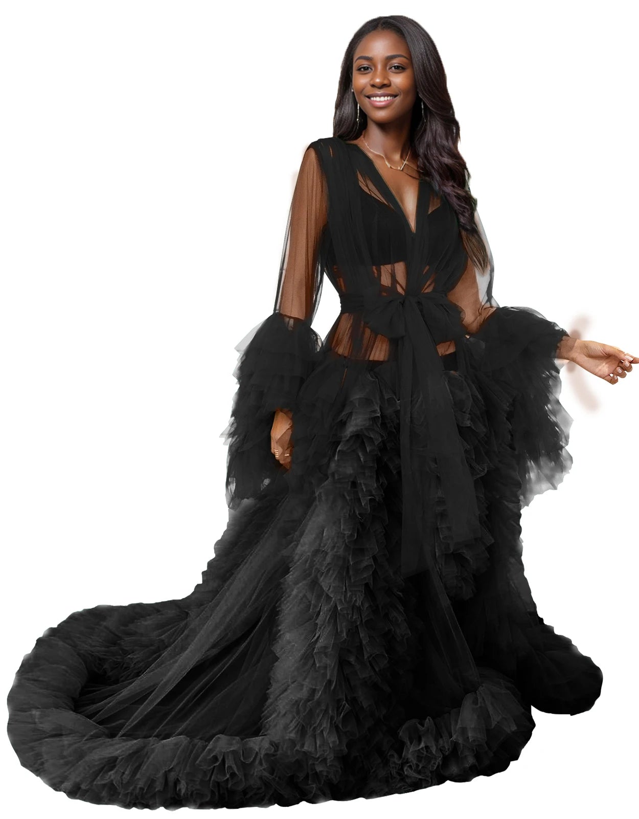 Voluminous Illusion Tulle Ruffle Long Robe Dressing Gown