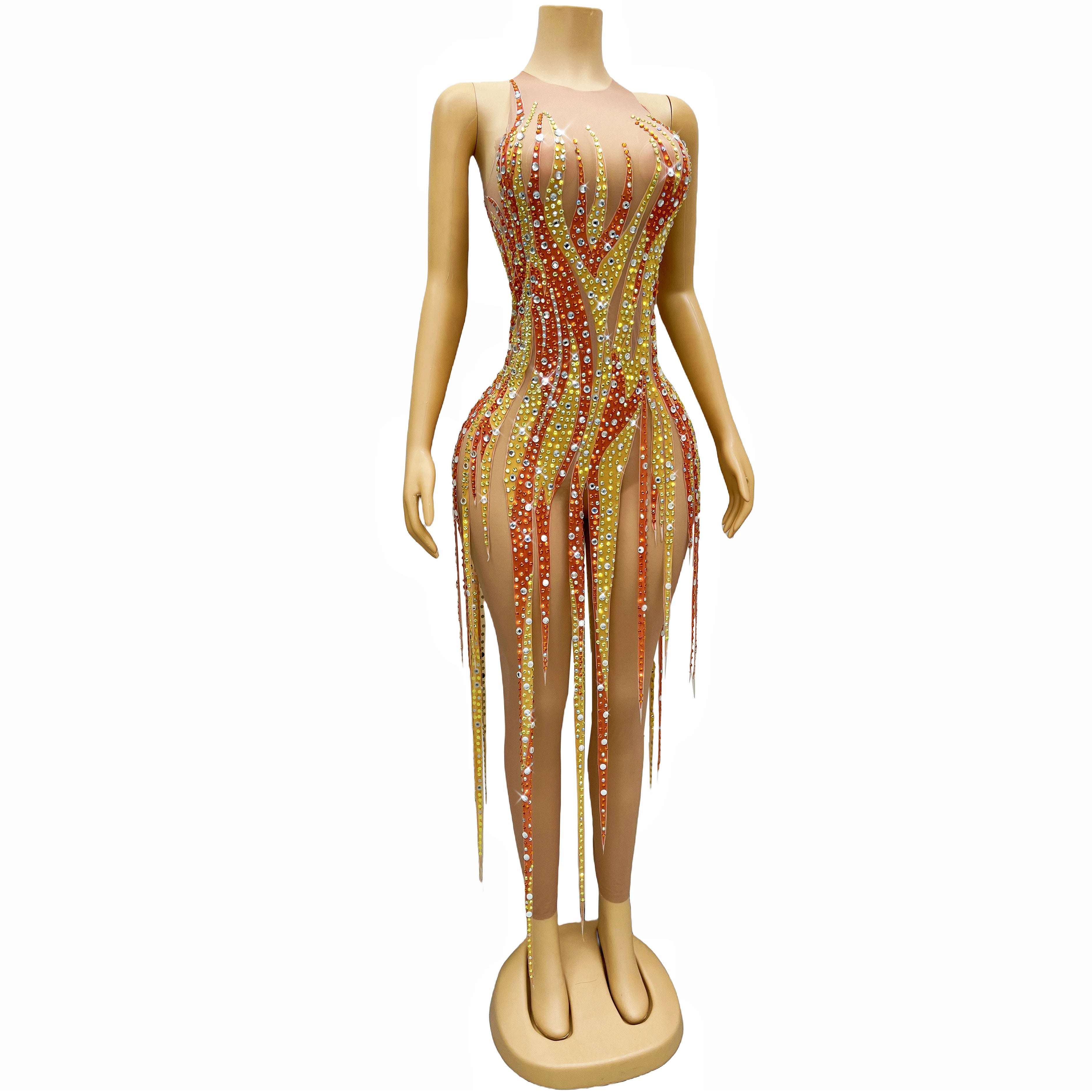 Gold & Amber Beaded Rhinestone Catsuit Illusion Mesh Long-Sleeve Jumpsuit Stage Costume