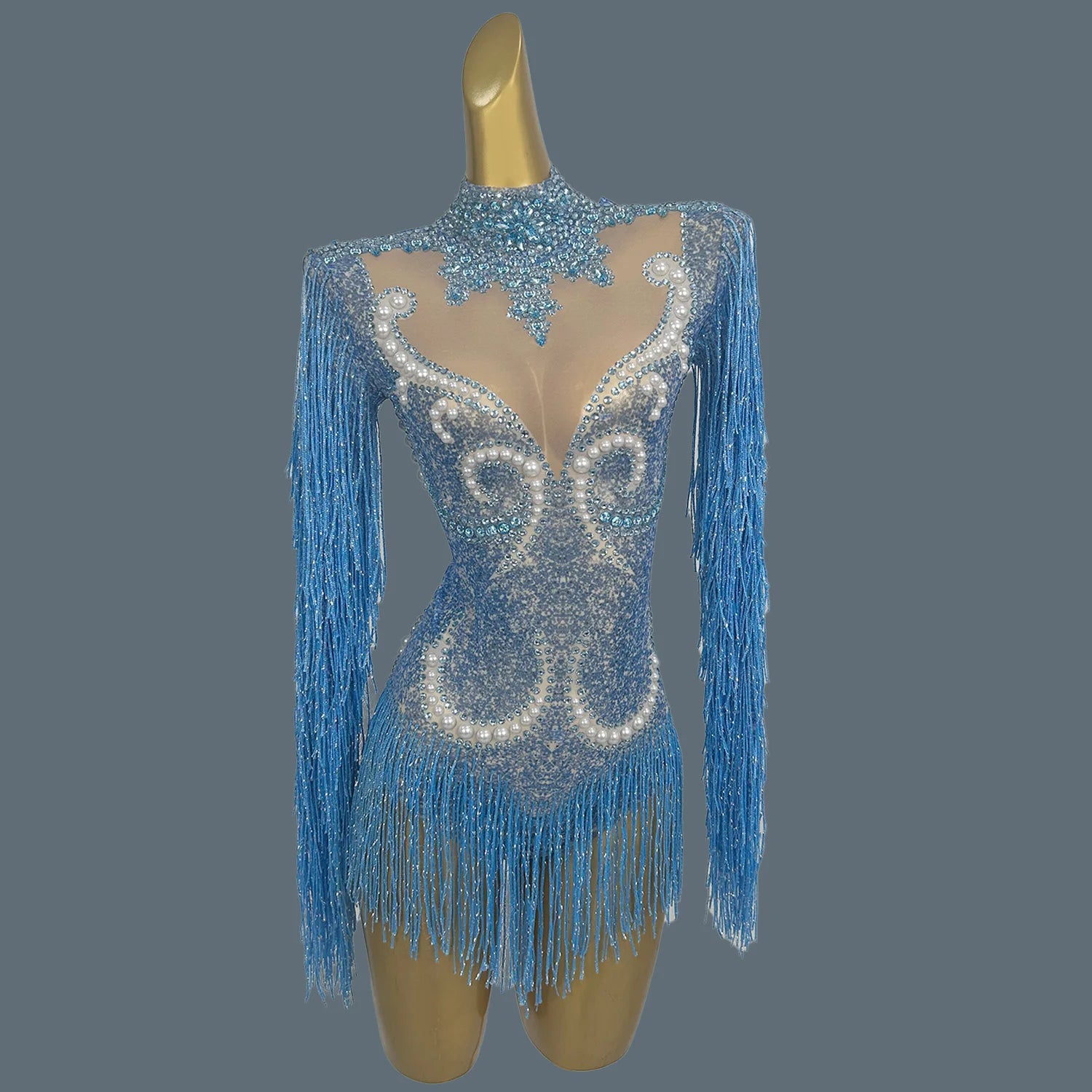 Pearl & Rhinestone Tassel Stage Costume Bodysuit Dance Leotard