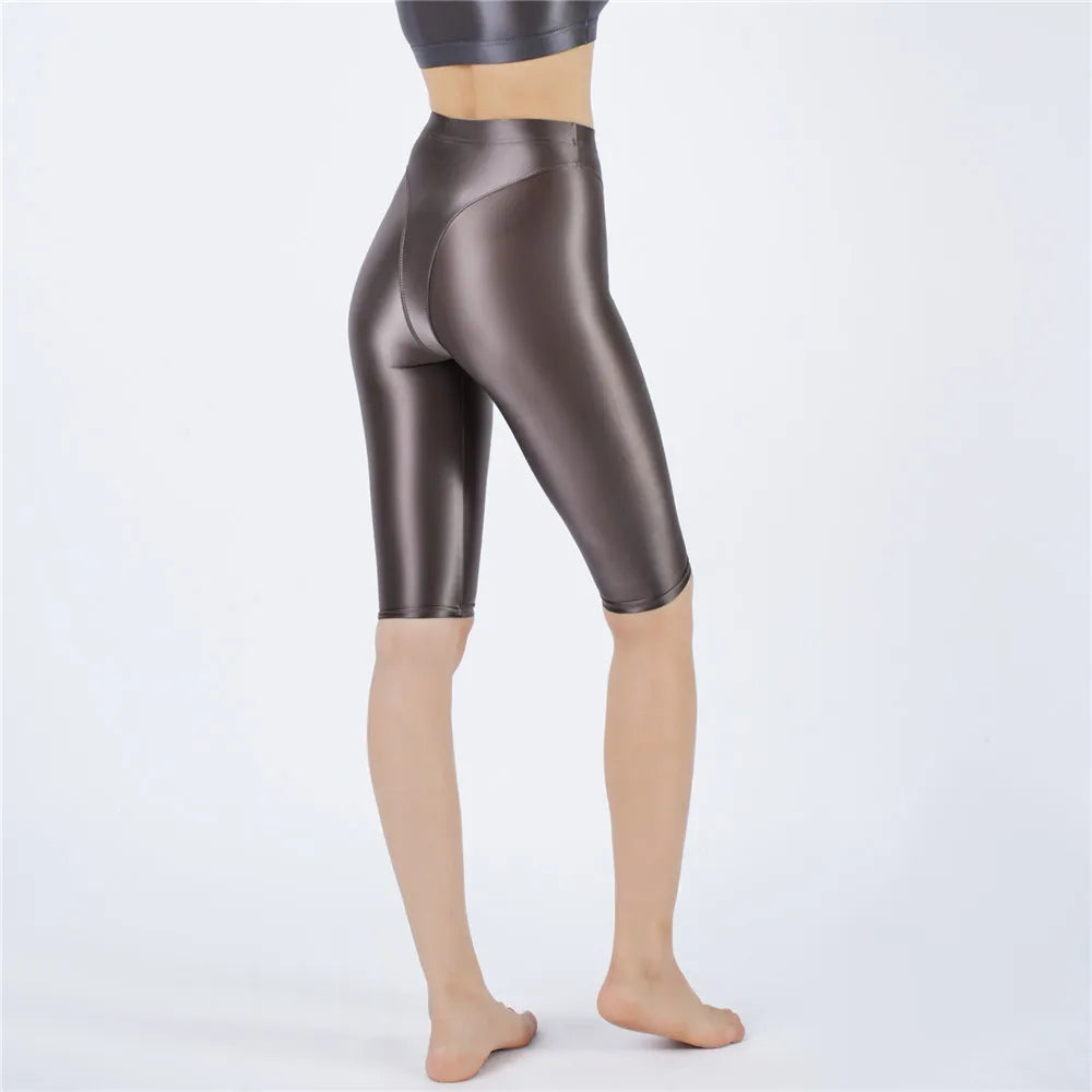Oil Glossy High-Stretch Knee-Length Shorts Satin Shine Performance Biker Shorts