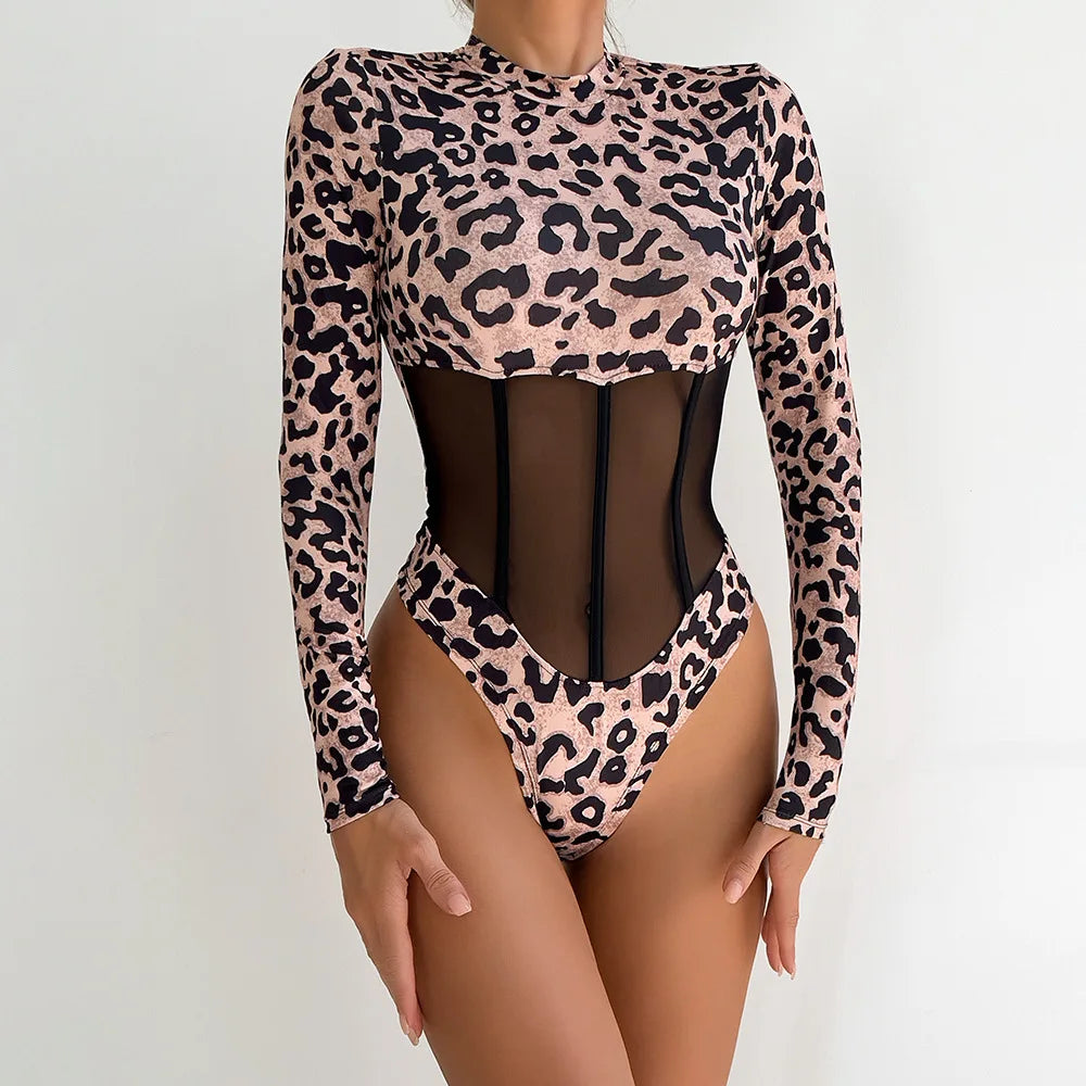 Leopard Print Sheer Mesh Corset Bodysuit Long Sleeve Stage Performance Dancewear