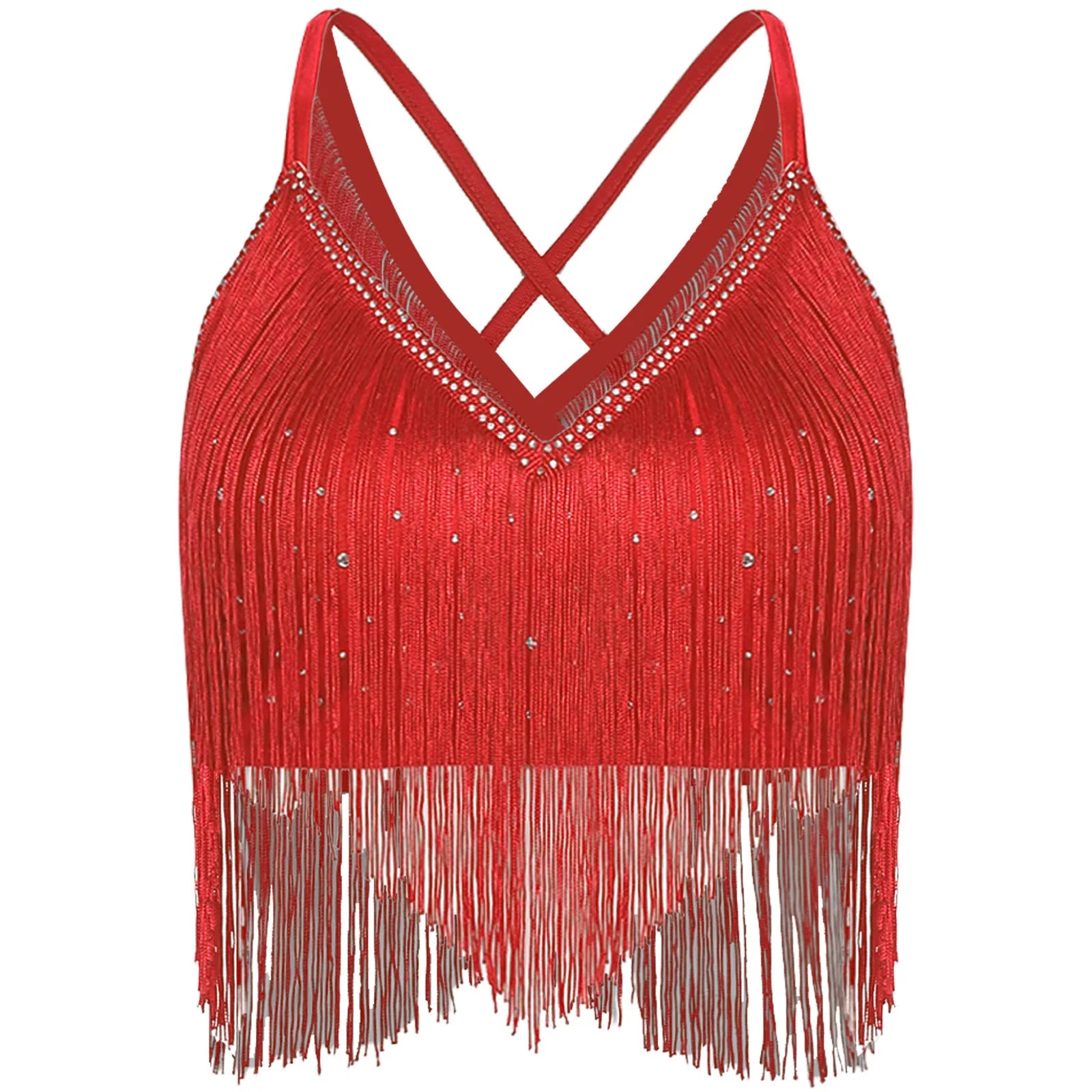 V-Neck Crisscross Back Tassel Fringe Crop Top Latin Salsa Dance Costume