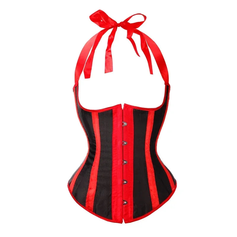 Gothic Striped Satin Halter Underbust Corset Vest 12 Spiral Steel Bones Bustier