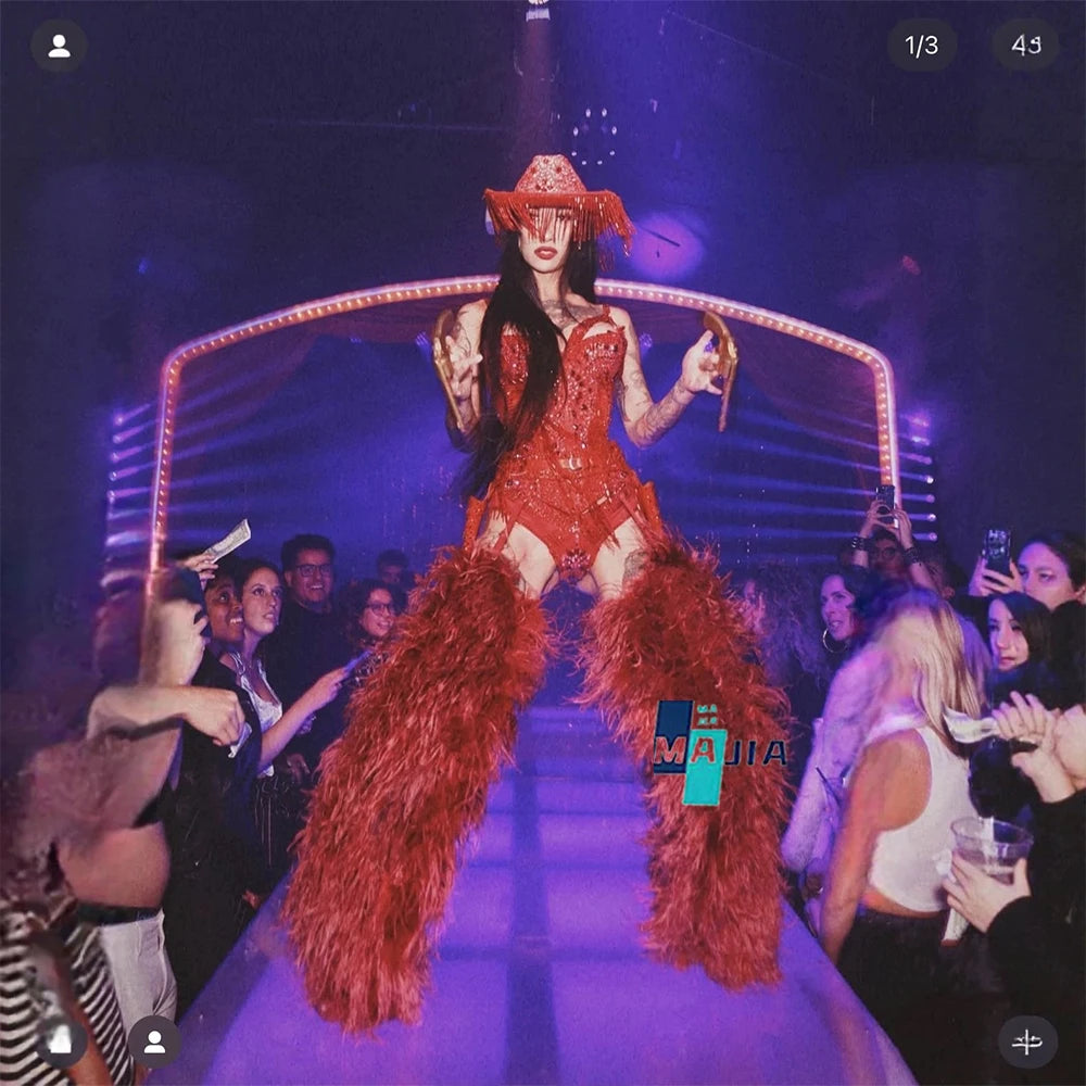 Crimson Red Crystal Corset Bodysuit, Feather Trailing Skirt & Cowgirl Hat 3-Piece Stage Costume Set