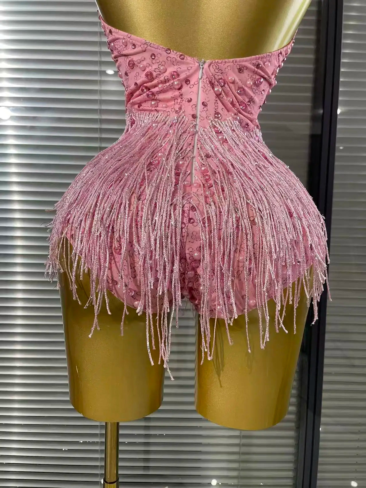Vintage-Inspired Beaded Tassel Bodysuit Performance Costume
