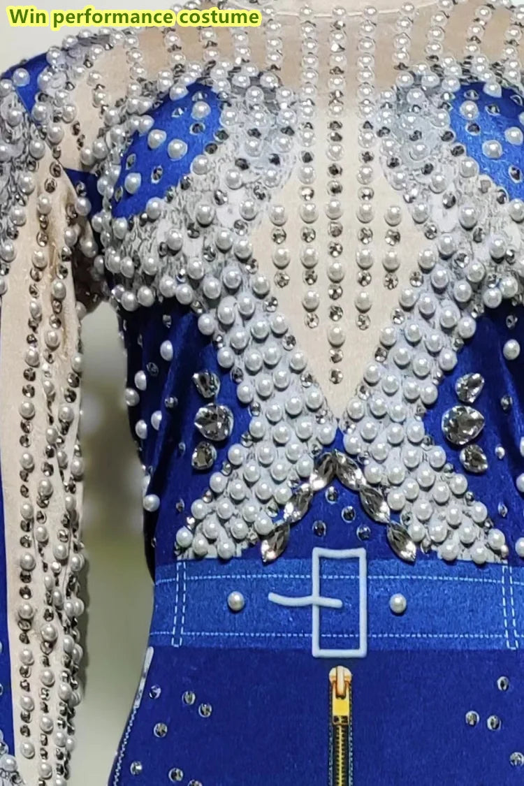 Royal Blue Pearl & Rhinestone Long Sleeve Romper Belted Stage Dance Costume