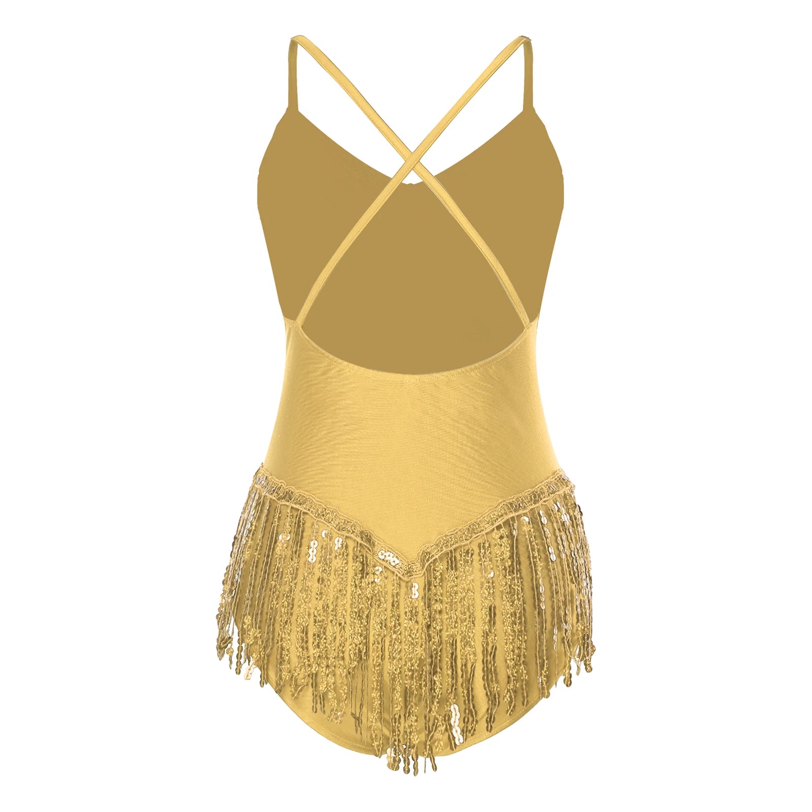 Sequins Fringed Cross Back Latin Dance Leotard Sleeveless V-Neck Bodysuit