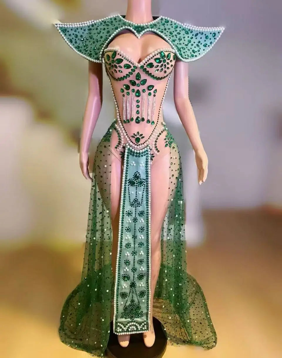 Emerald Green Rhinestone Mesh Bodysuit & Sculpted Peacock Cloak Stage Costume Set