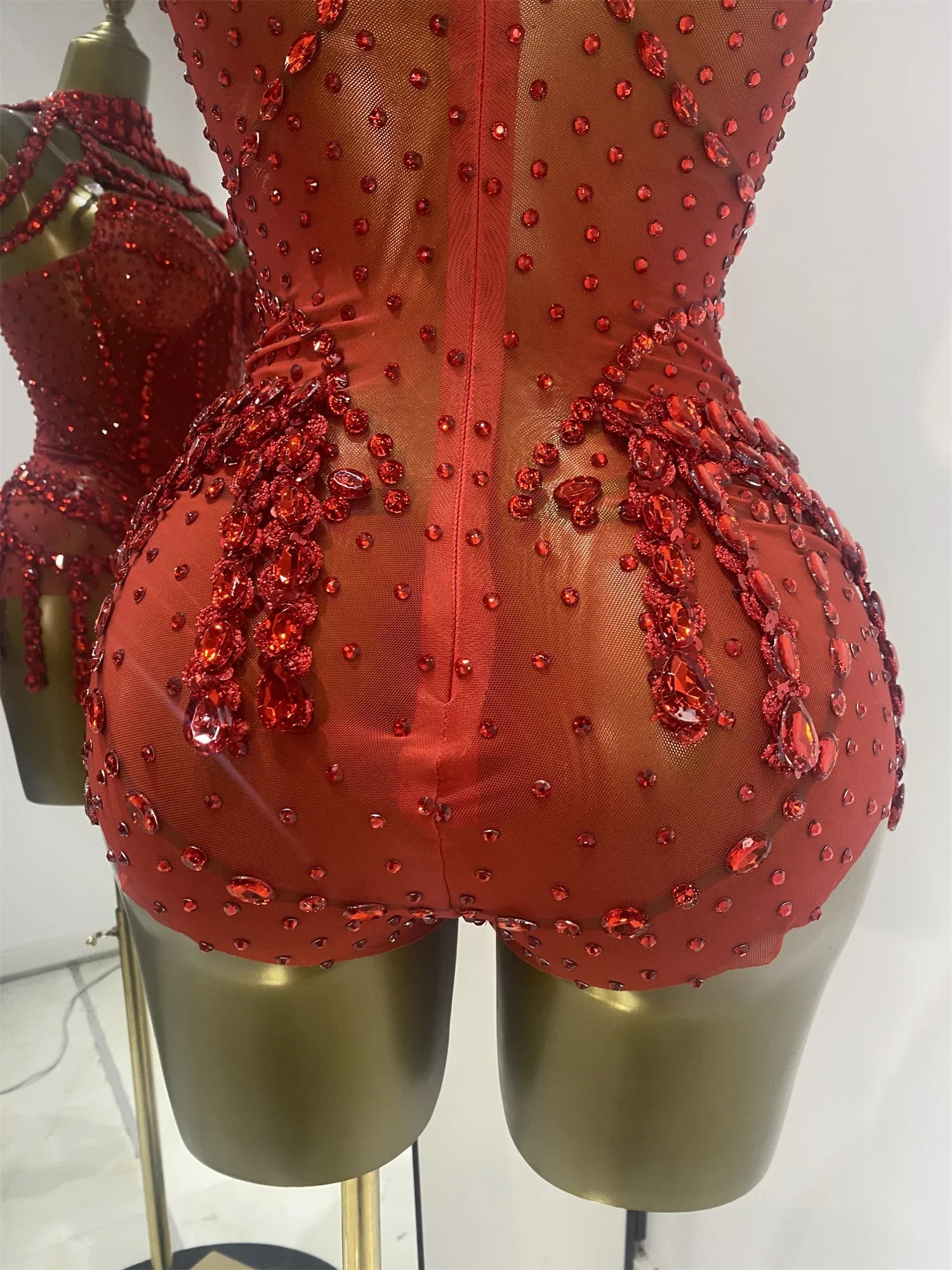 Crimson Red Rhinestone Corset Bodysuit & Embellished Choker 2-Piece Stage Costume Set