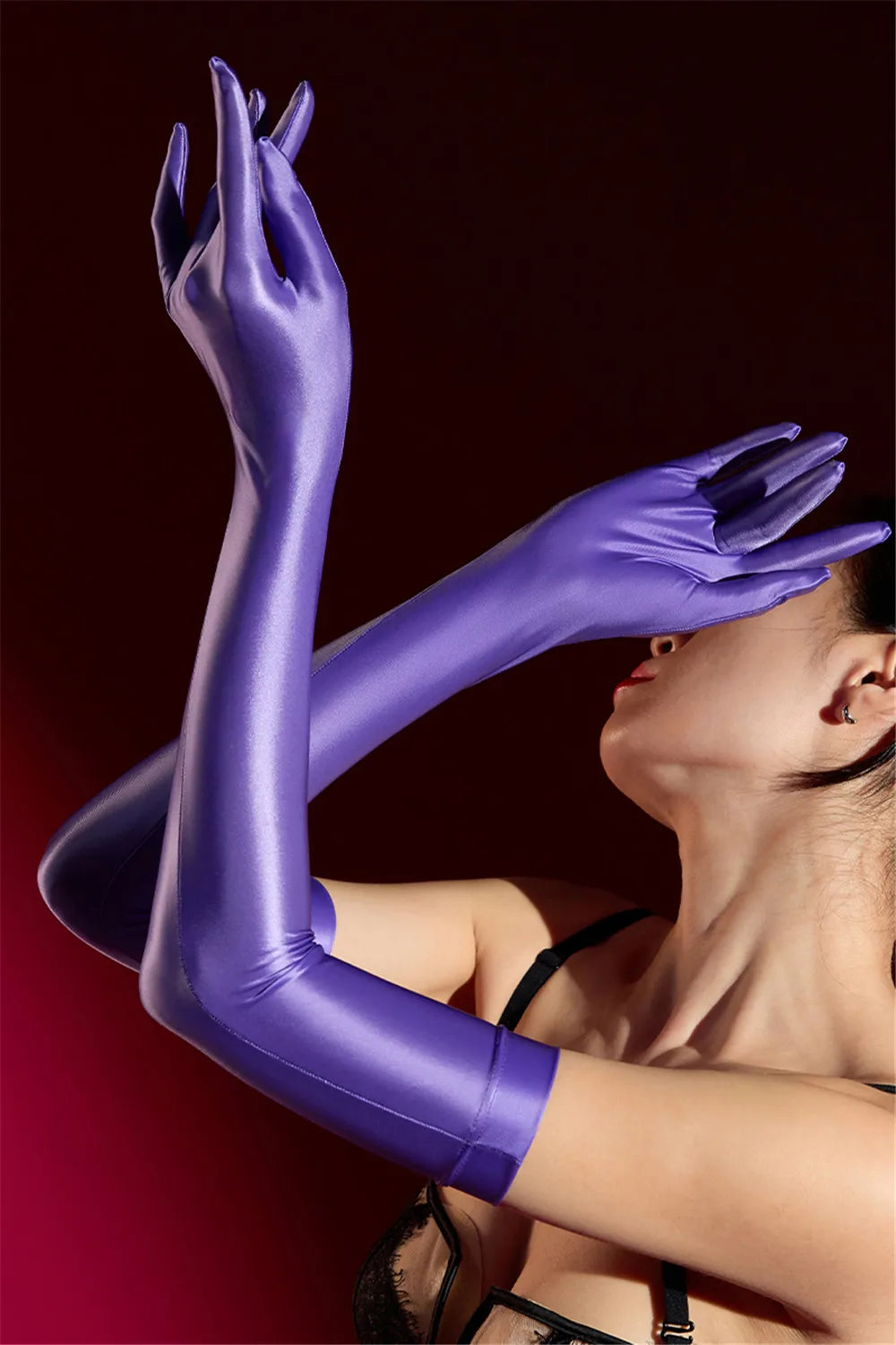 Oil Glossy Satin Smooth Five-Finger Long Elbow Gloves High-Stretch Luxury Evening Gloves