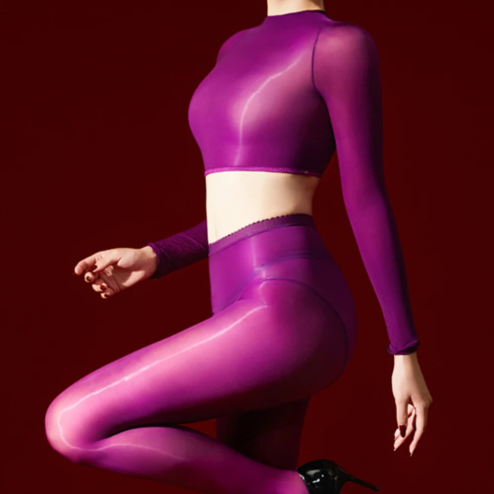 Sexy Women 5D 912 Pin Oil Glossy Shiny Short Top Elastic T-shirt Sheer See Through Maid Tights Crop Tops Yoga Street Wear