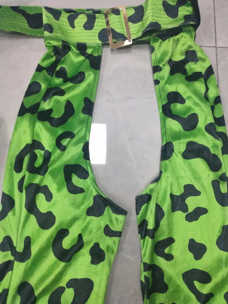 Neon Green Leopard Bikini Top, Wide-Leg Chaps Pants & Hat 4-Piece Stage Dance Costume Set